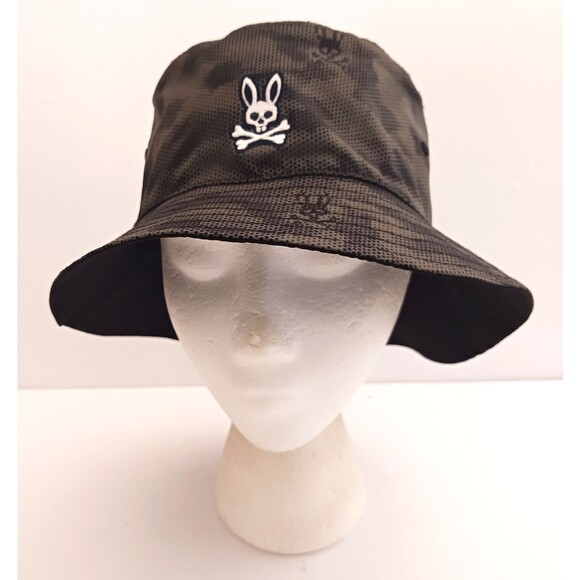 Psycho Bunny Camo Bunny Print Bucket Hat Embroidered Logo Solid Blk Reverse O/S - Picture 1 of 9